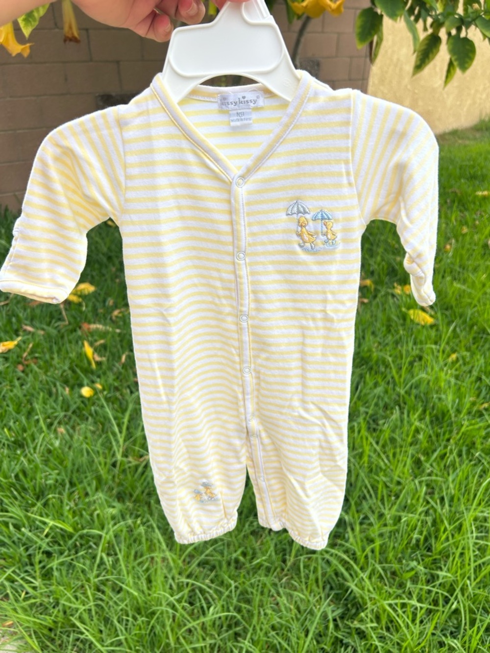Kissy Kissy Yellow & White Striped Footie with Duck Embroidery